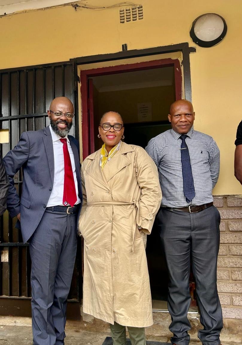 His Excellency Ambassador Thulani Dlomo, with Principal, Ms Mkhize and Deputy Principal, Mr Cele, at Mcothoyi High School in uMgababa.